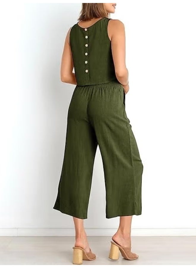 Barbora Linen Summer High Waist Capri Pants Back Detail Sleeveless Two Piece Set LN26HAKI4 - Image 1